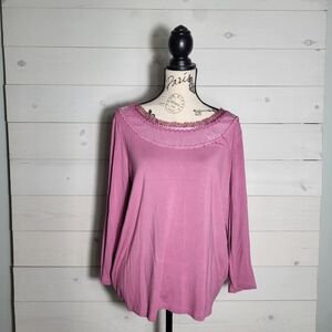 Apostrophe Top Orchid Purple Long Sleeve Blouse Lace Velour Trim .